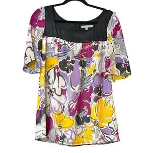 NY Collection Blouse Womens Size M White Black w/ Multicolor Floral Lined Top